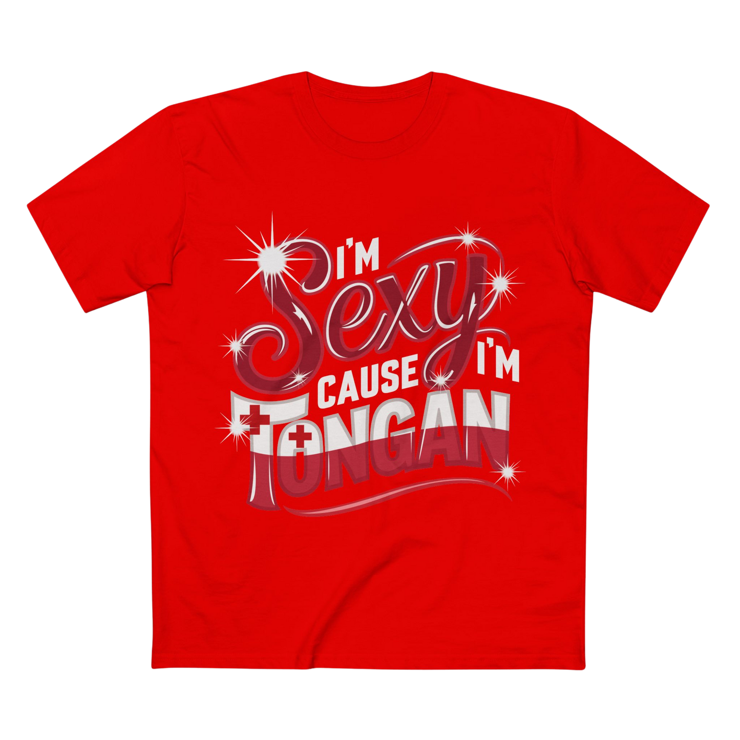 Red t-shirt with 'I'm Sexy Cause I'm Tongan' text on a white background