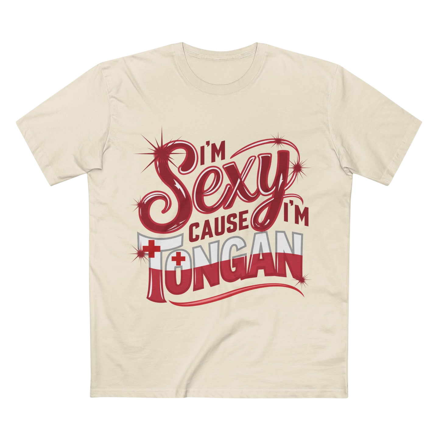 Beige t-shirt with red and white text on a white background