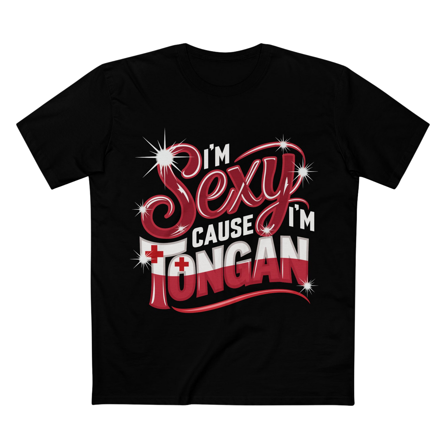 Black t-shirt with red and white text on a white background