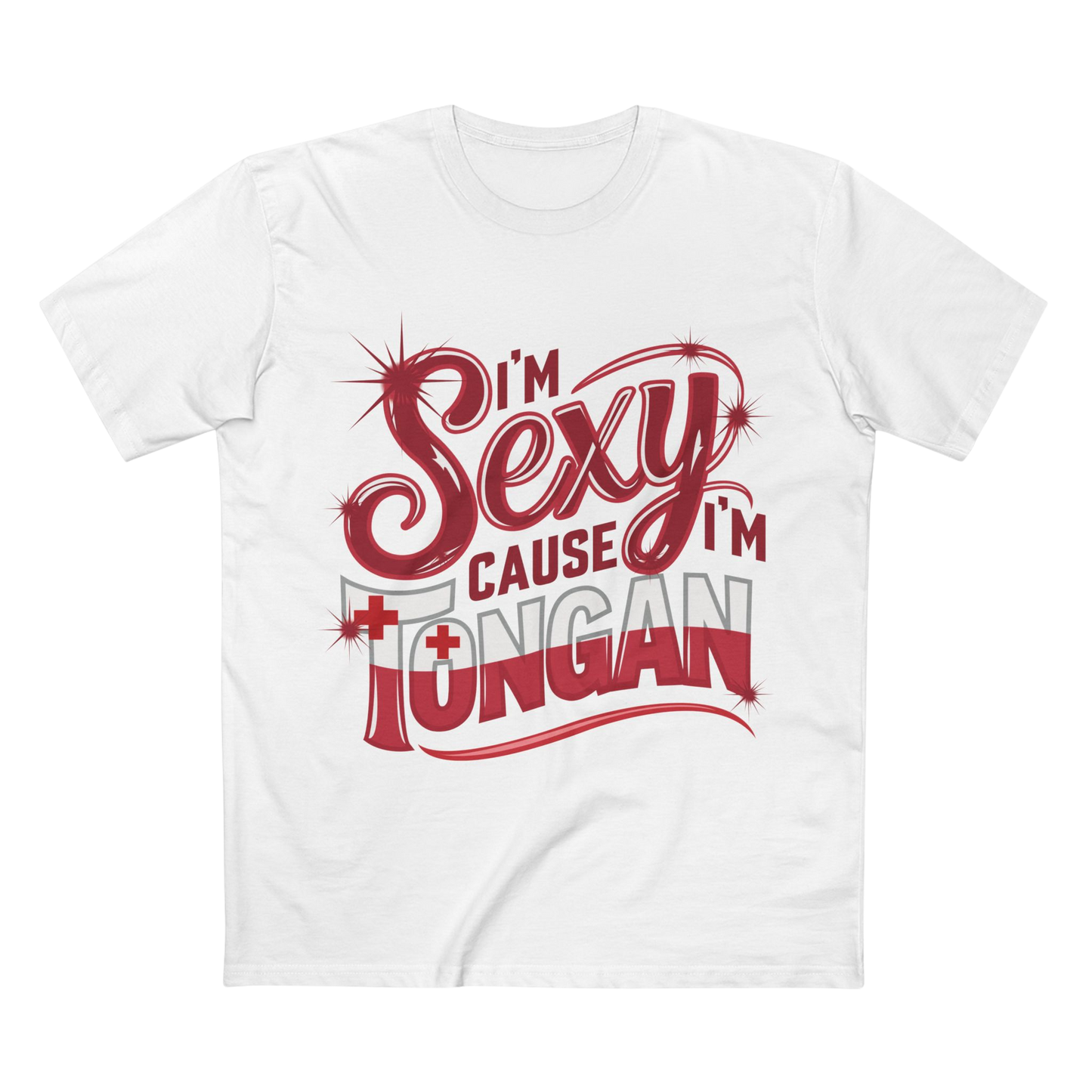 White t-shirt with red and black text design on a white background